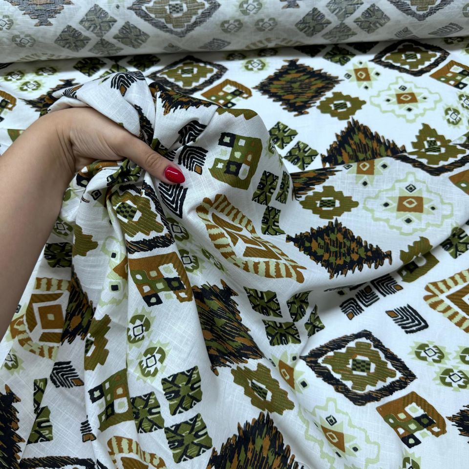 %100 Pamuk Flam Keten Kumaş Kilim Desen Kahverengi