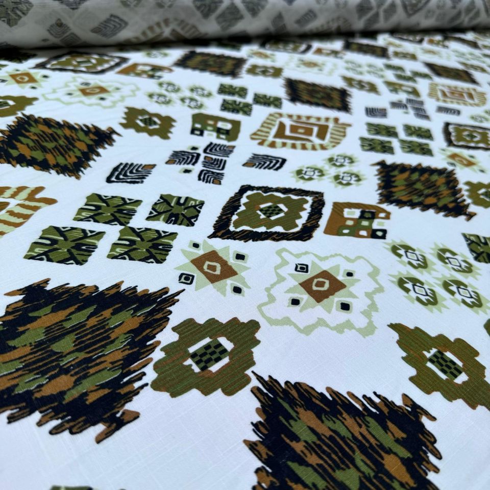 %100 Pamuk Flam Keten Kumaş Kilim Desen Kahverengi