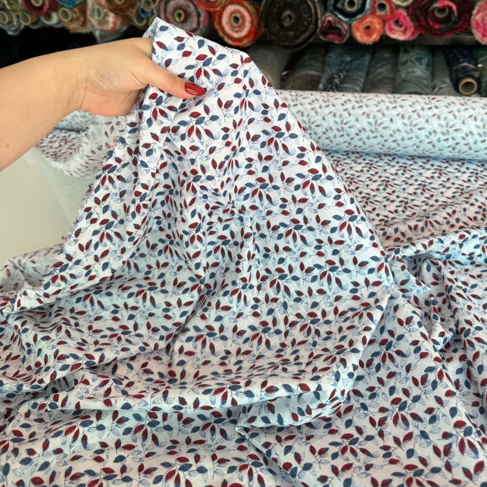 %100 Pamuk Flam Keten Kumaş Bordo Yaprak Desen