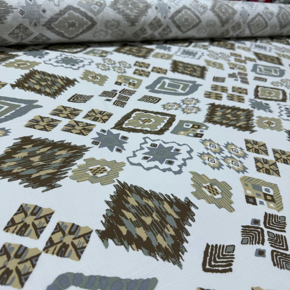 %100 Pamuk Flam Keten Kumaş Kilim Desen Kahverengi Bej