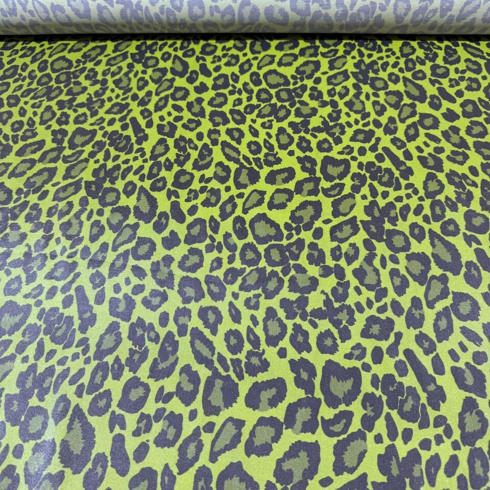 Floş Saten Kumaş Parlak Işıltılı Çift En Leopar Desenli Yeşil