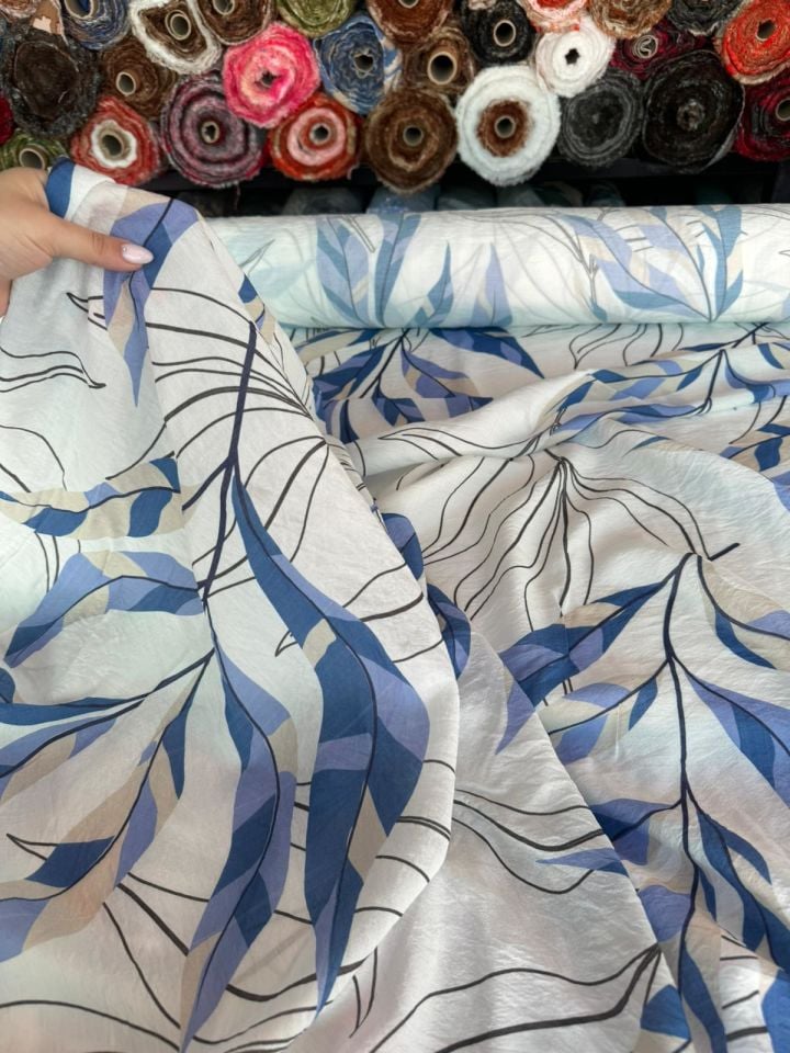 Mango Şifon Kumaş Çiçek Desenli Mavi Renk