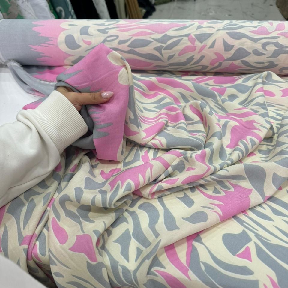 İthal Viskon Kumaş Sulu Desen %100 Pamuk Desenli Viskon Pembe