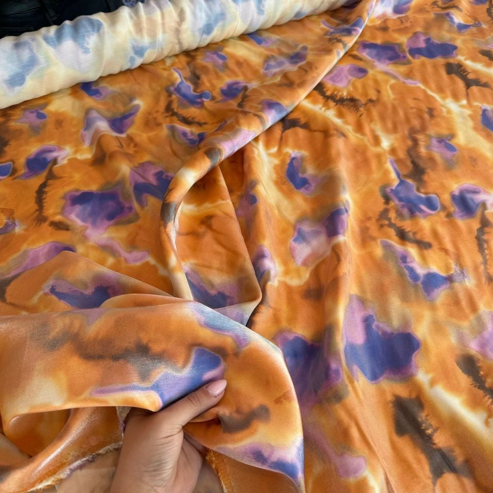 Pamuk Saten Floş Saten Kumaş Parlak Turuncu Mor Batik Desen