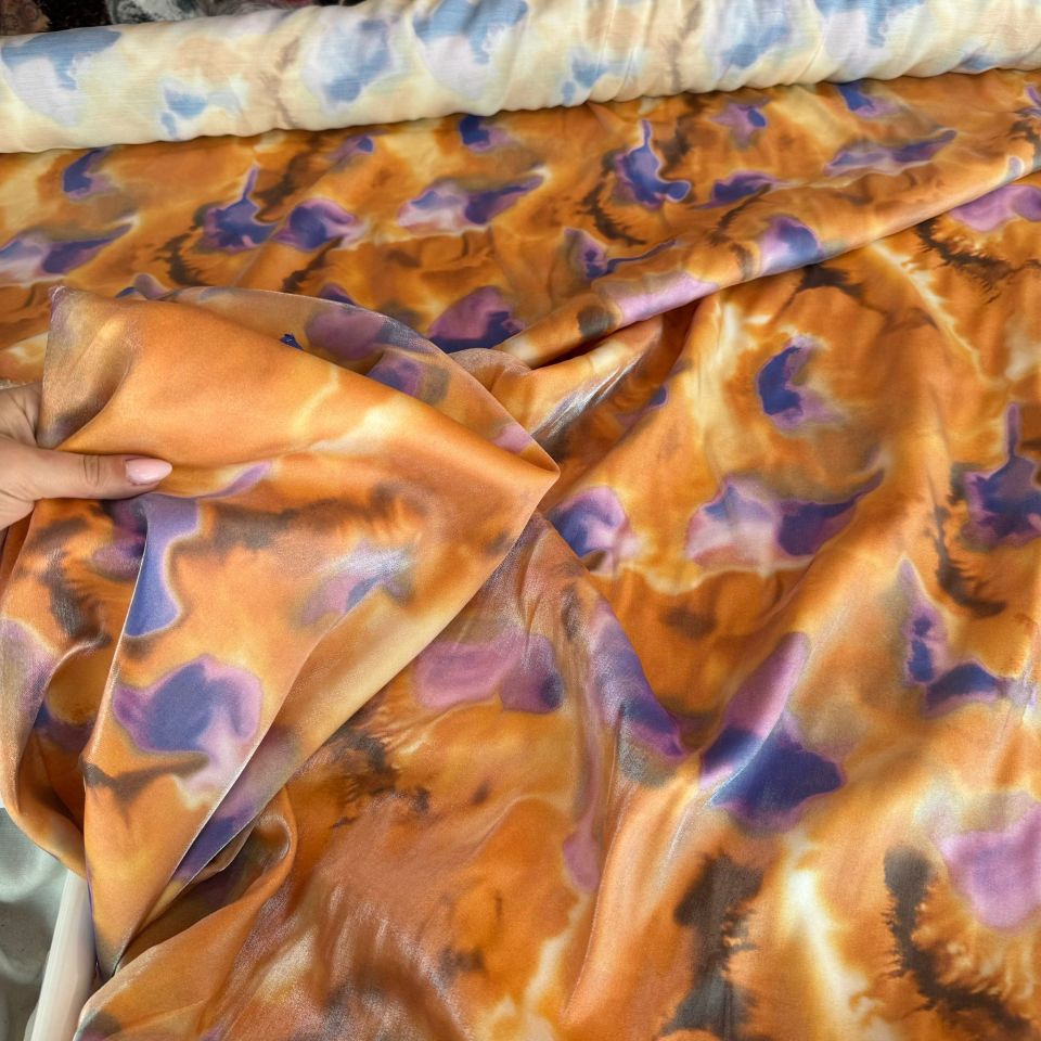 Pamuk Saten Floş Saten Kumaş Parlak Turuncu Mor Batik Desen