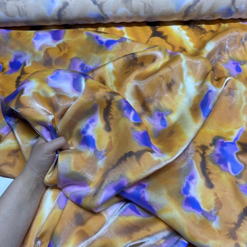 Floş Saten Kumaş Parlak Işıltılı Çift En Turuncu Mor Desenli