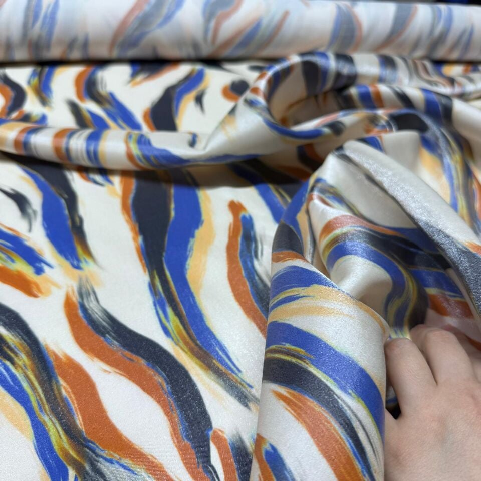 Floş Saten Kumaş Parlak Işıltılı Çift En Şal Desen Turuncu Mavi