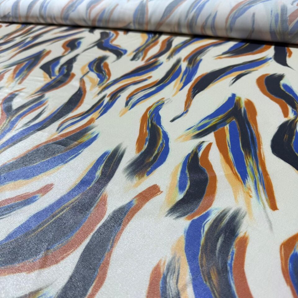 Floş Saten Kumaş Parlak Işıltılı Çift En Şal Desen Turuncu Mavi