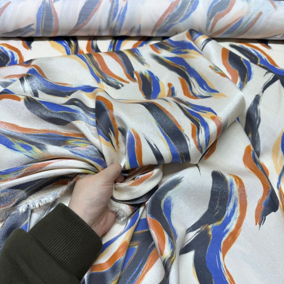 Floş Saten Kumaş Parlak Işıltılı Çift En Şal Desen Turuncu Mavi