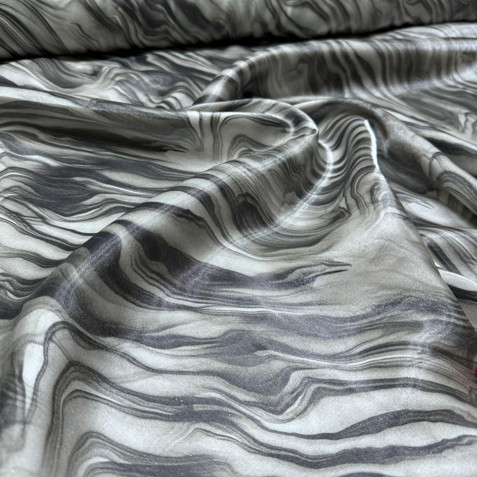 Floş Saten Kumaş Parlak Işıltılı Çift En Gri Zebra Desen