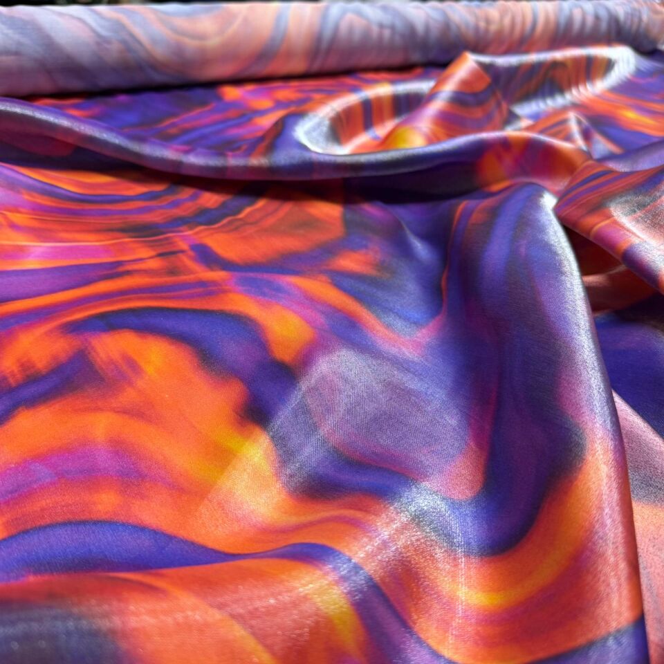 Floş Saten Kumaş Parlak Işıltılı Çift En Mor Turuncu Desenli