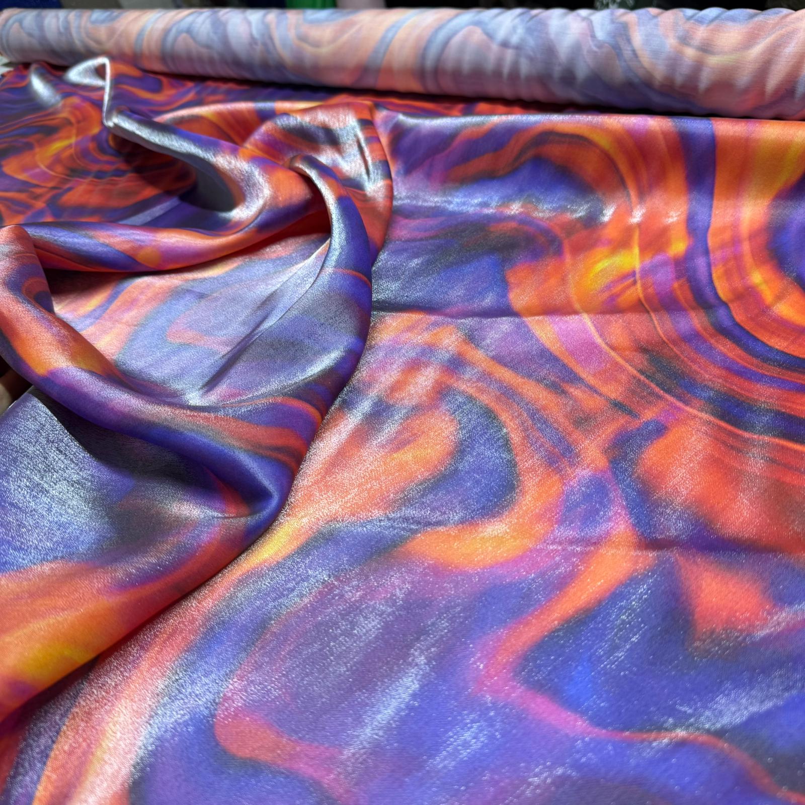 Floş Saten Kumaş Parlak Işıltılı Çift En Mor Turuncu Desenli