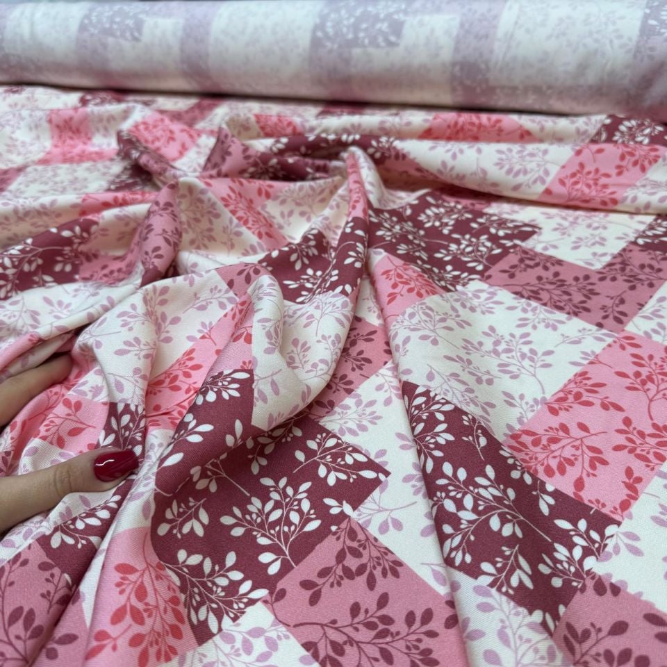 Belmando Viskon Patchwork Desen Pembe Renk %100 Pamuk