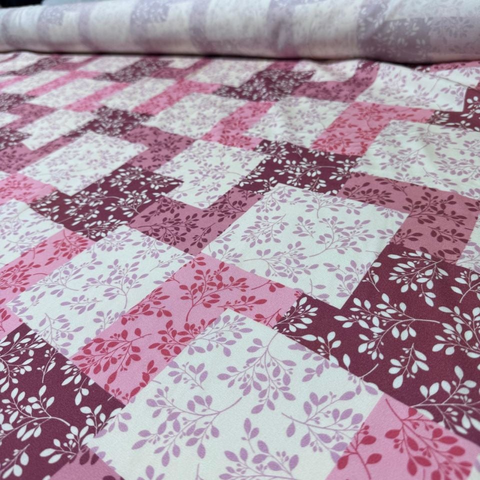Belmando Viskon Patchwork Desen Pembe Renk %100 Pamuk