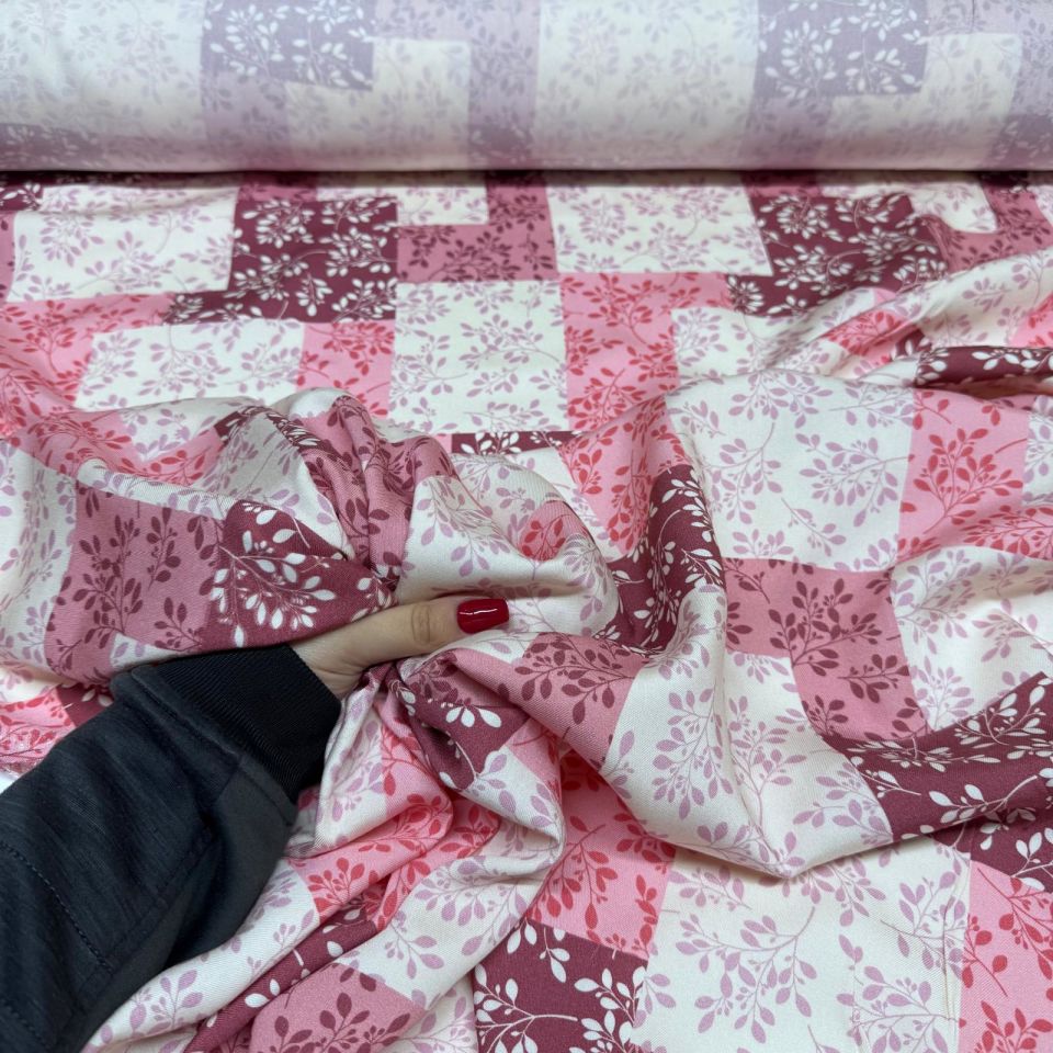 Belmando Viskon Patchwork Desen Pembe Renk %100 Pamuk