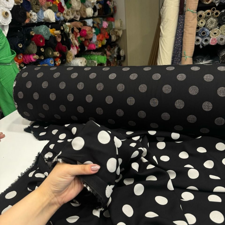 İthal Viskon Kumaş Siyah Beyaz Puantiyeli %100 Pamuk