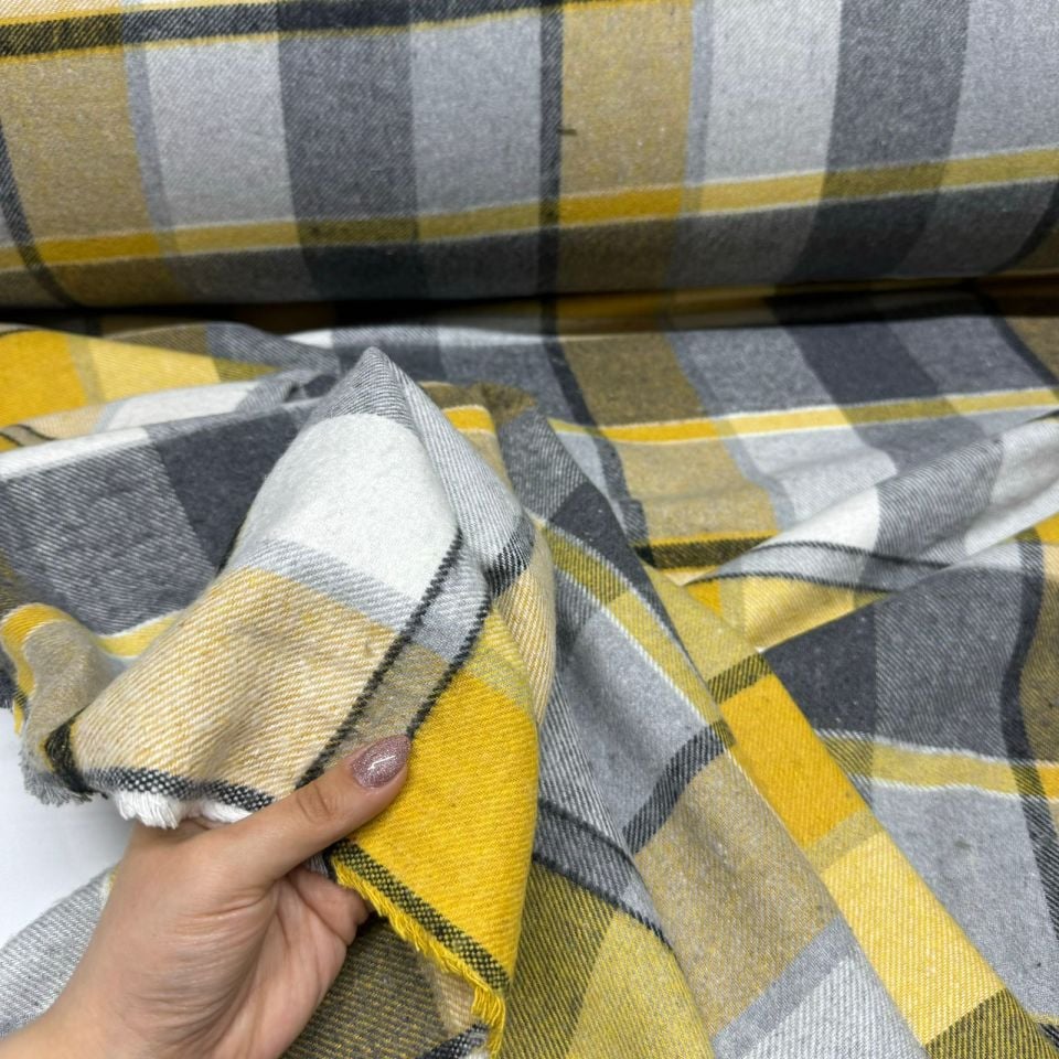 Oduncu Kumaş Ekose Desen Sarı& Gri Renk Çift En