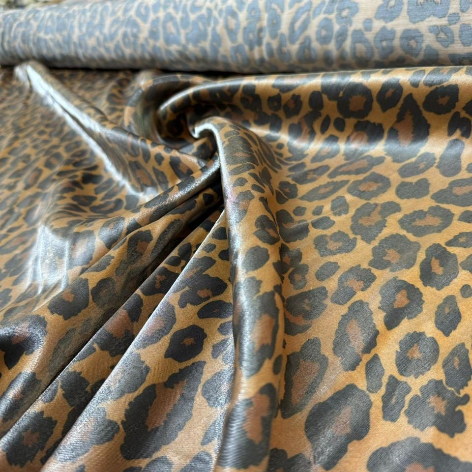 Pamuk Saten Floş Saten Kumaş Parlak Leopar Desen