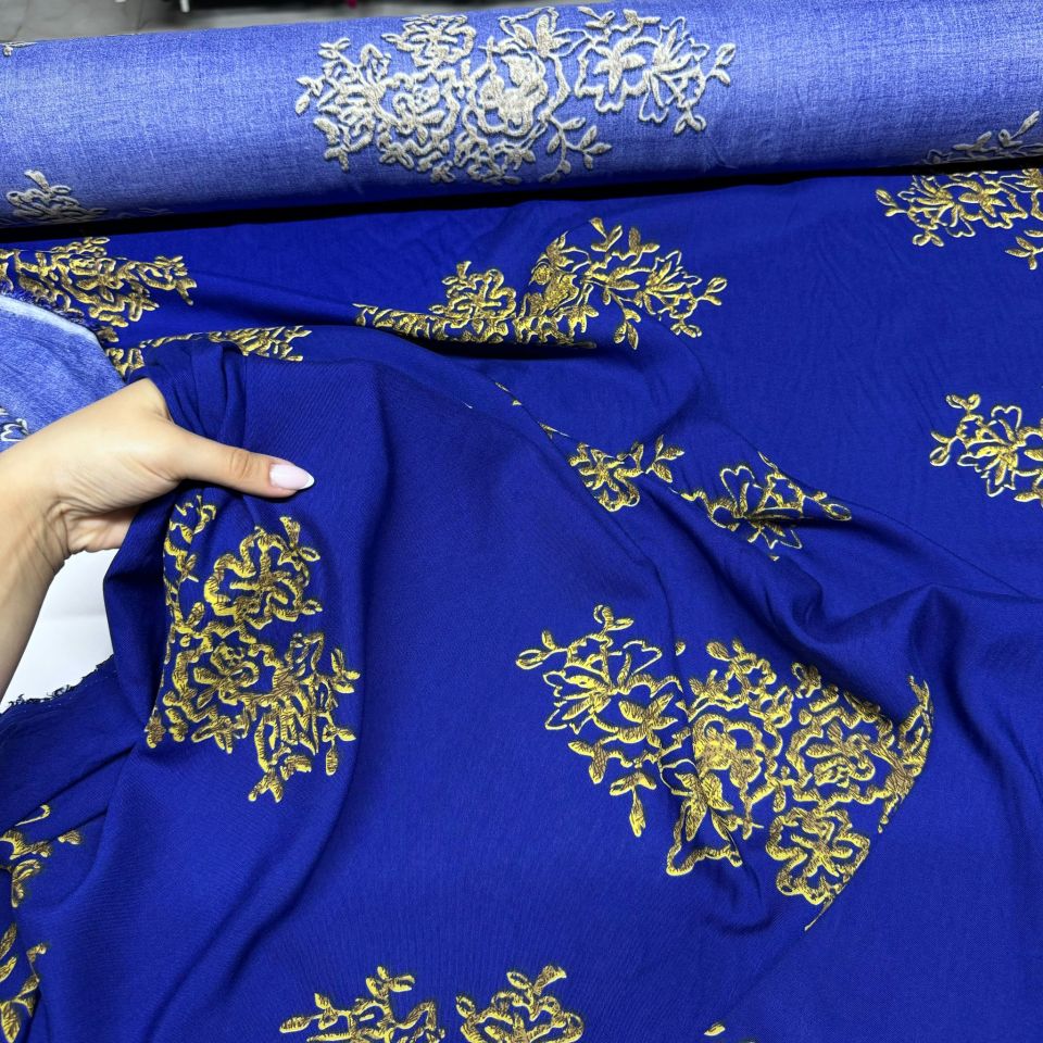 İthal Viskon Kumaş Damask Desen Motifli %100 Pamuk Çift En Lacivert Renk