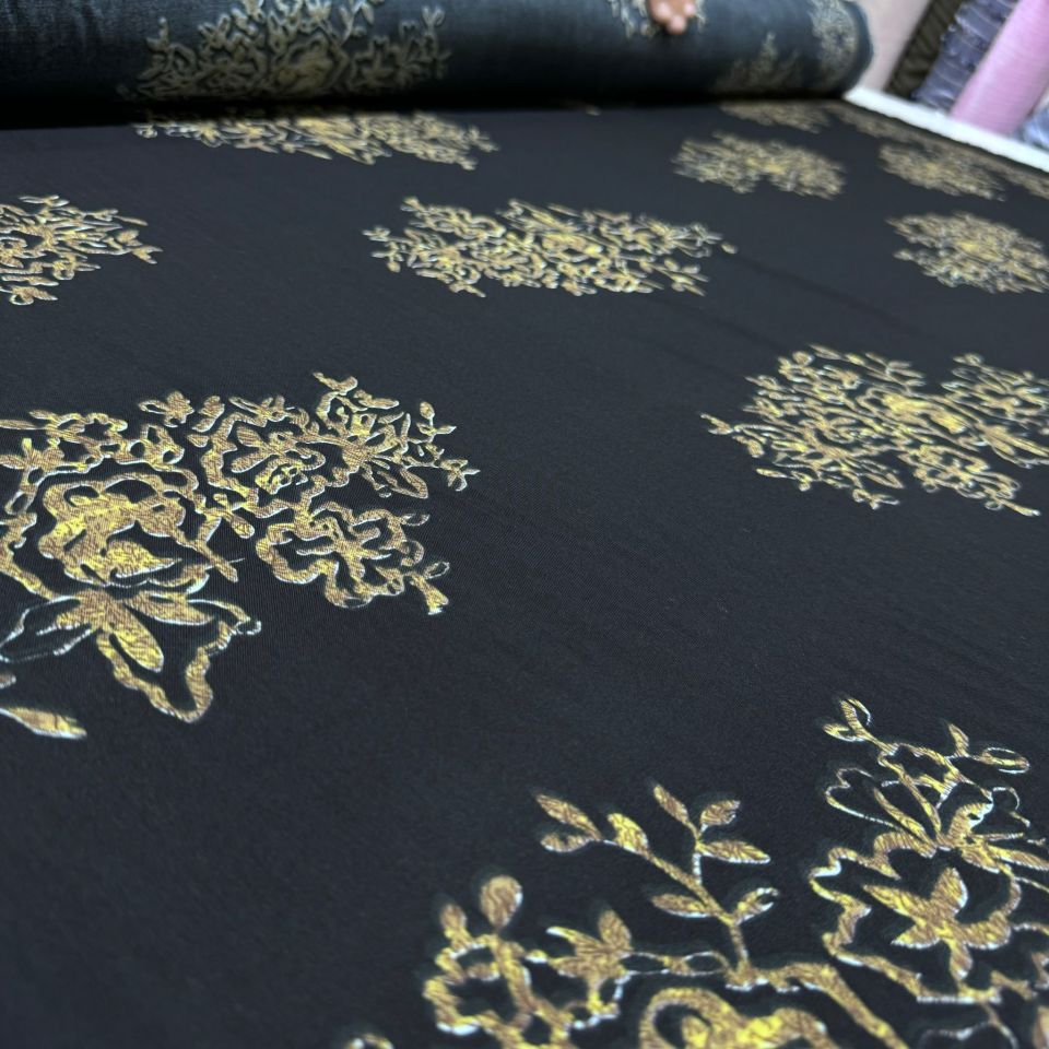 İthal Viskon Kumaş Damask Desen Motifli %100 Pamuk Çift En Siyah Renk