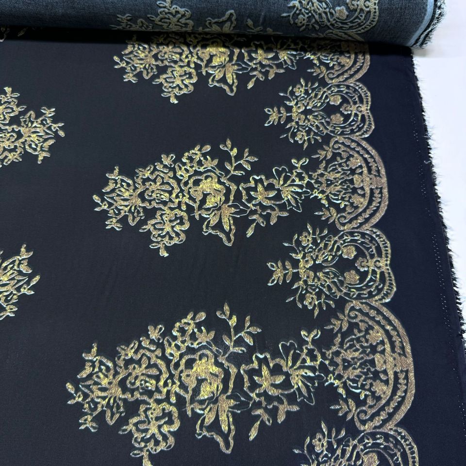 İthal Viskon Kumaş Damask Desen Motifli %100 Pamuk Çift En Siyah Renk