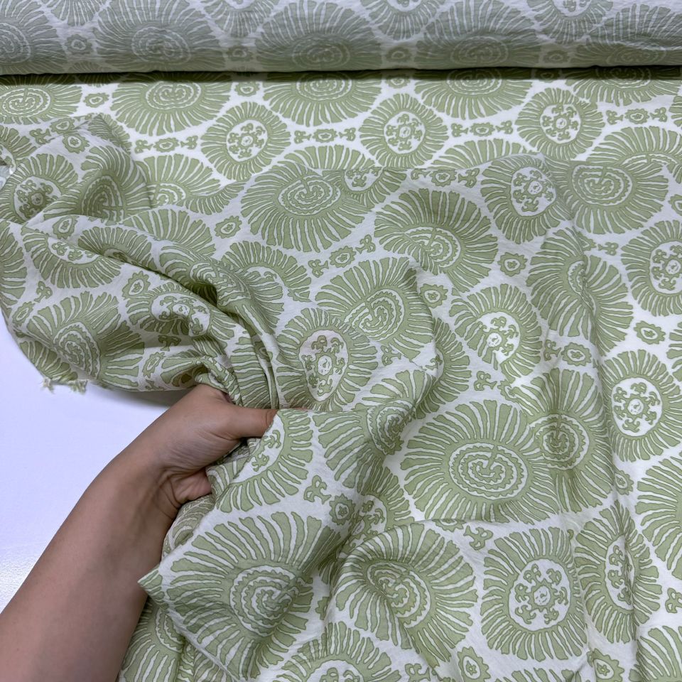 Ayrobin Kumaş Damask Desenli Yuvarlak Motifli En 150 cm Etnik Desen Yeşil Renk