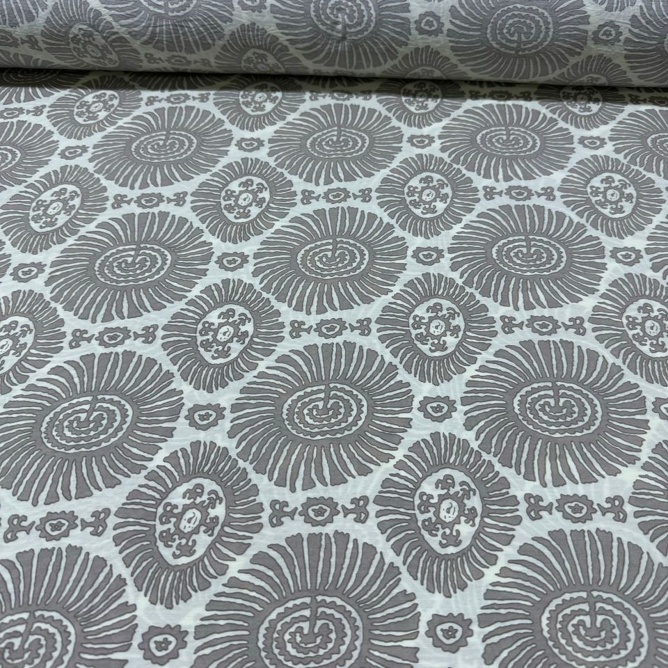 Ayrobin Kumaş Damask Desenli Yuvarlak Motifli En 150 cm Etnik Desen Antrasit Renk