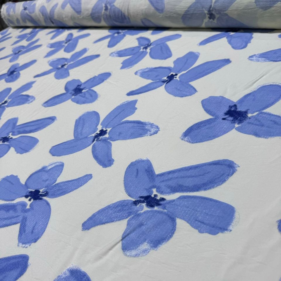 Ayrobin Kumaş Çiçek Desenli En 150 cm Modal Kumaş Mavi Renk