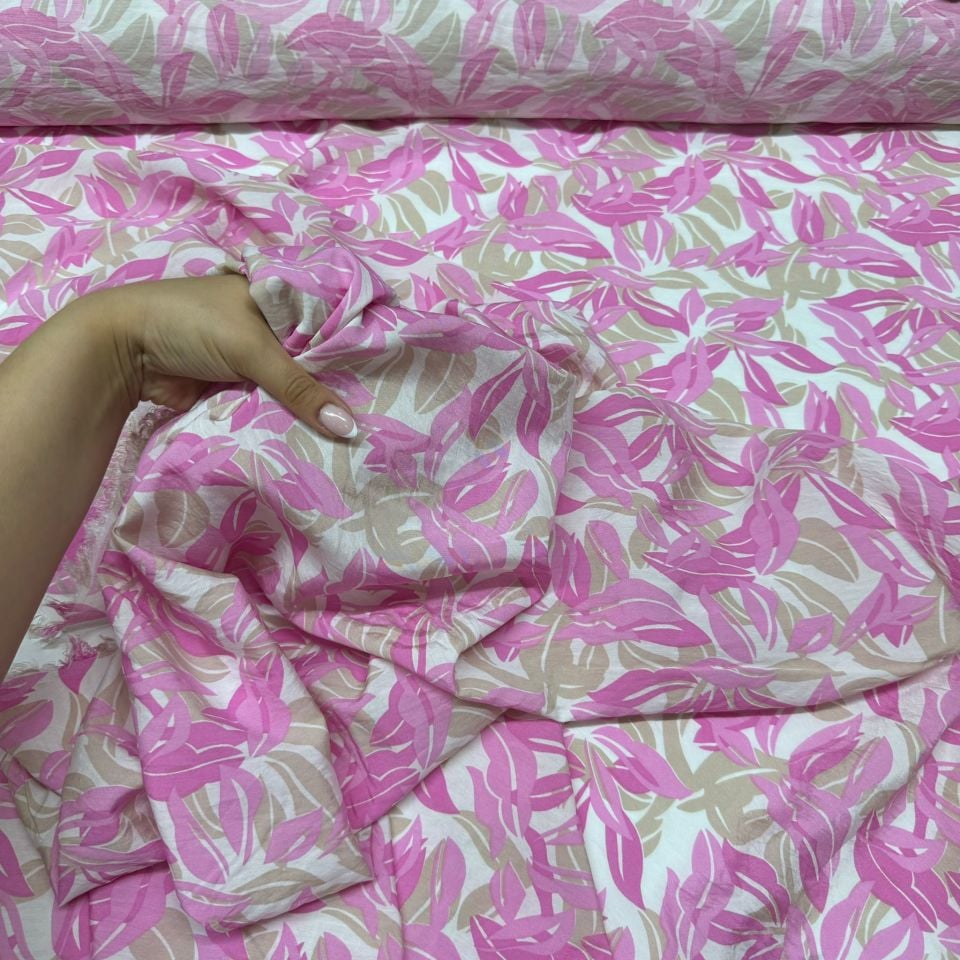 Ayrobin Kumaş Modal Çift En Yaprak Desenli Emprime Pembe Renk