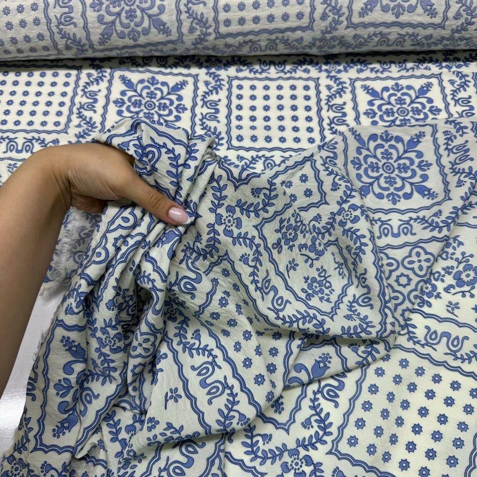 Ayrobin Kumaş Modal Çift En Etnik Çok Desenli Çiçek Motifli Mavi Renk