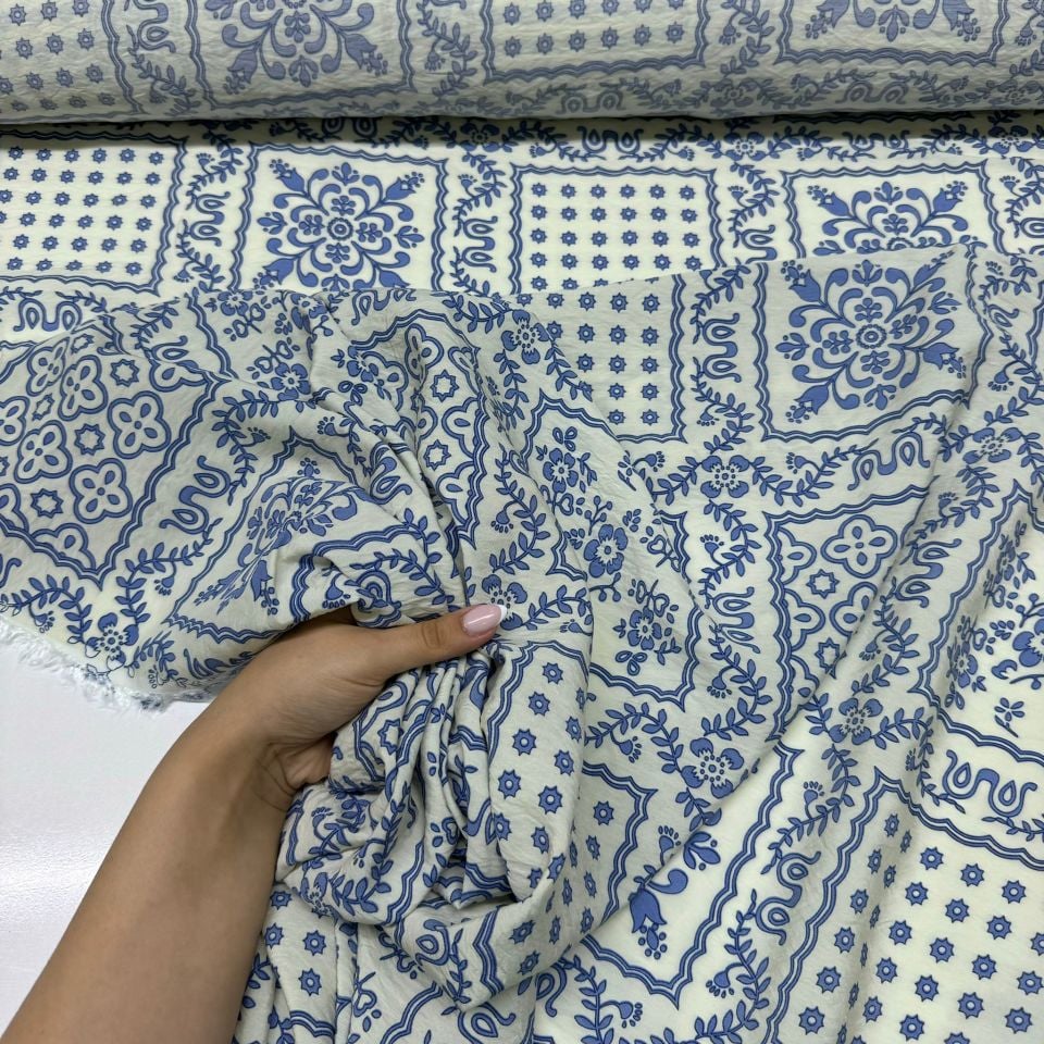 Ayrobin Kumaş Modal Çift En Etnik Çok Desenli Çiçek Motifli Mavi Renk