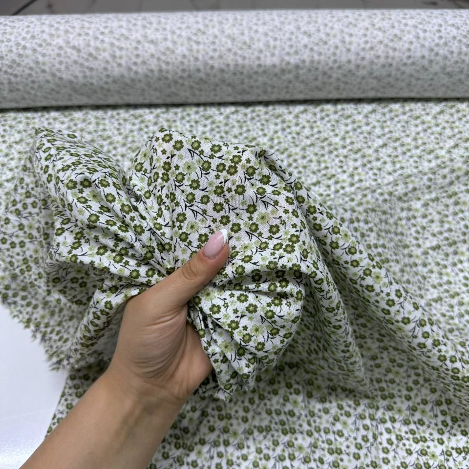 Flam Keten Kumaş %100 Pamuk Küçük Çiçek Desenli Emprime Çift En Yeşil Renk