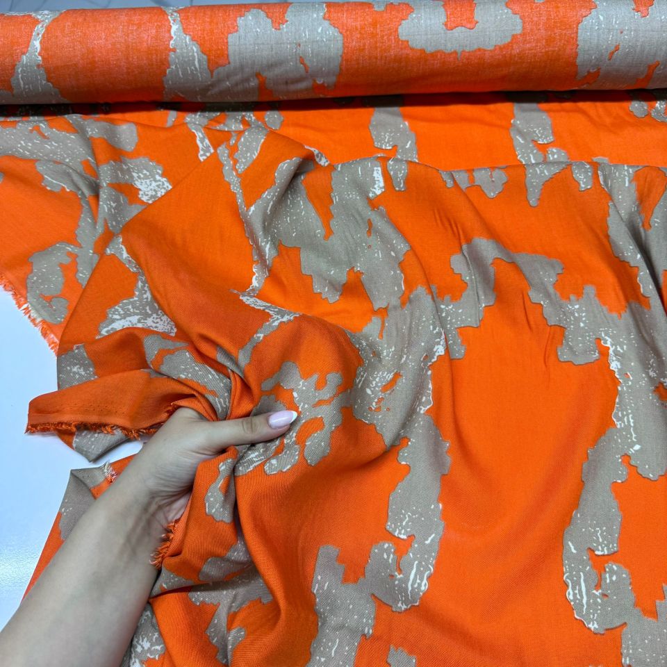 İthal Viskon Kumaş %100 Pamuk Turuncu Renk Desenli