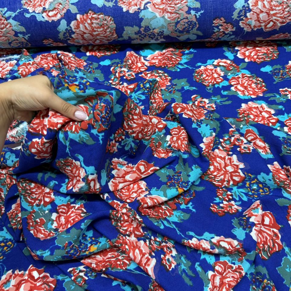 İthal Viskon Kumaş %100 Pamuk Lacivert Büyük Gül Desenli