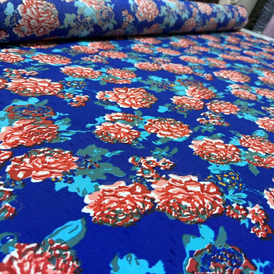 İthal Viskon Kumaş %100 Pamuk Lacivert Büyük Gül Desenli