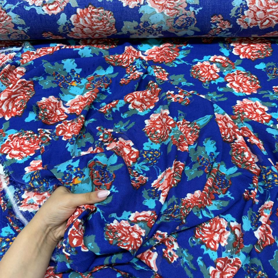 İthal Viskon Kumaş %100 Pamuk Lacivert Büyük Gül Desenli