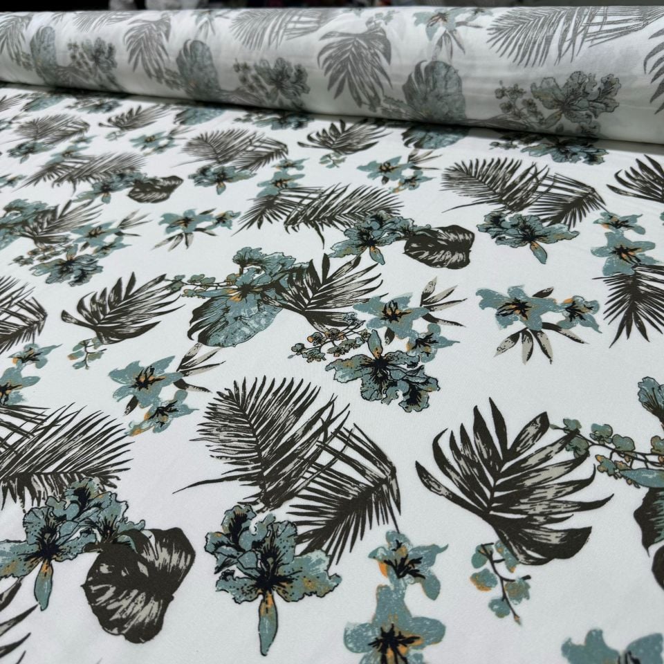 İthal Viskon Kumaş %100 Pamuk Su Yeşili Renk Çiçek ve Yaprak Desen