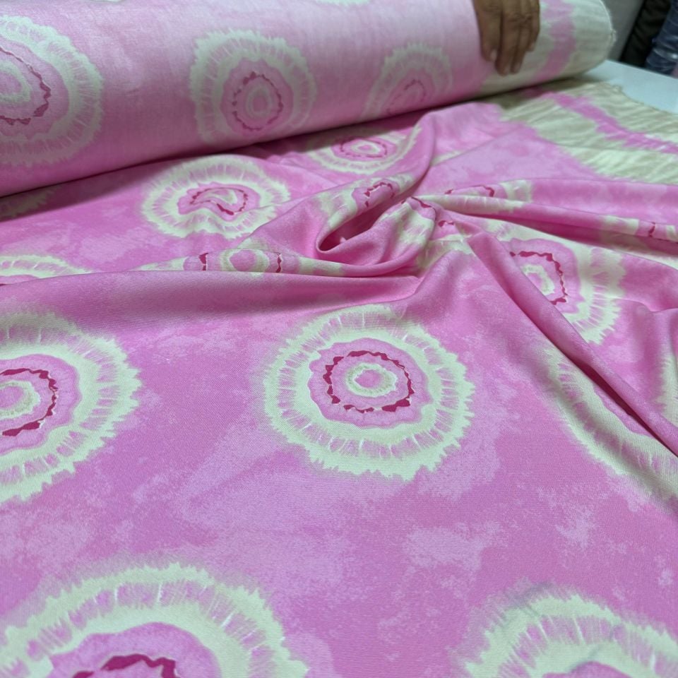 İthal Viskon Kumaş %100 Pamuk Pembe Renkli Yuvarlak Desenli Eteği Sulu
