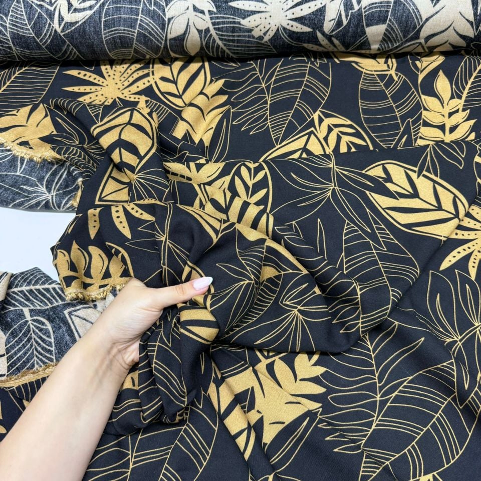 İthal Viskon Kumaş %100 Pamuk Yaprak Desenli Taba Renk