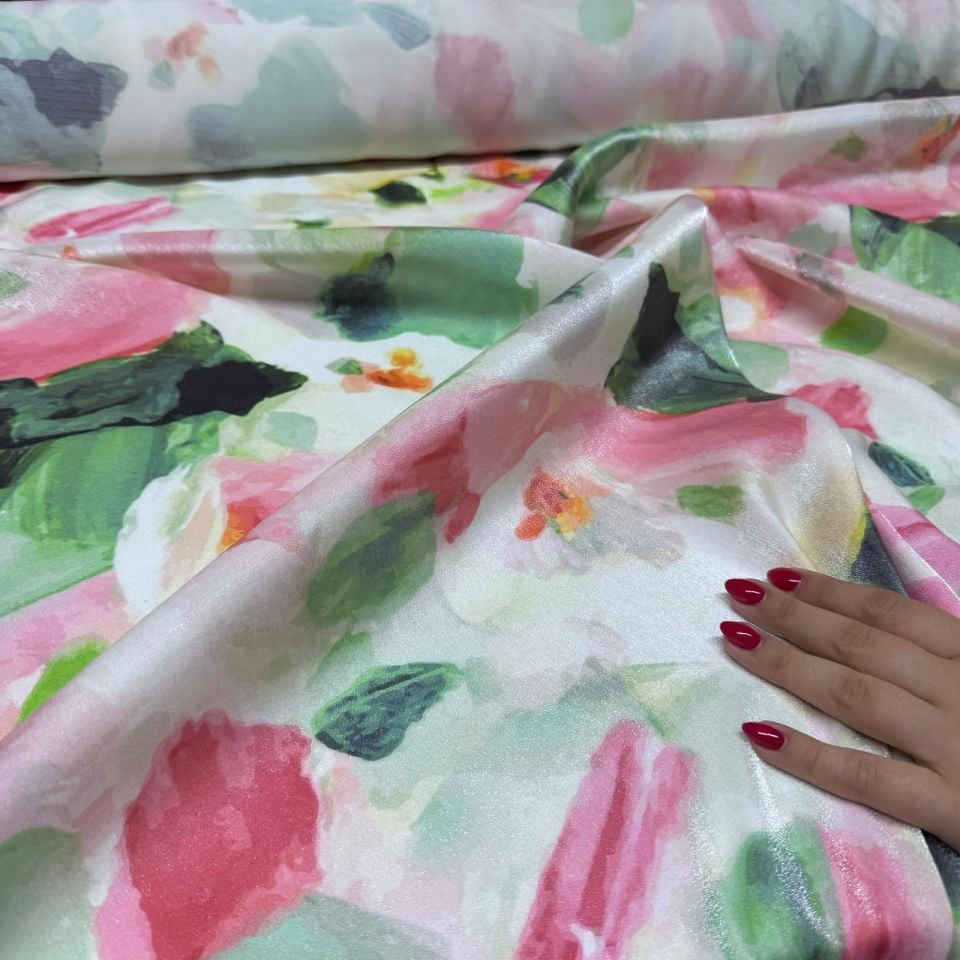 Pamuk Saten Floş Saten Kumaş Pembe Çiçek Desenli Parlak Işıltılı