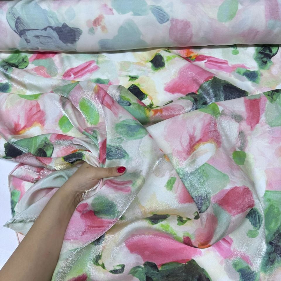 Floş Saten Kumaş Parlak Işıltılı Çift En Pembe Çiçek Desenli