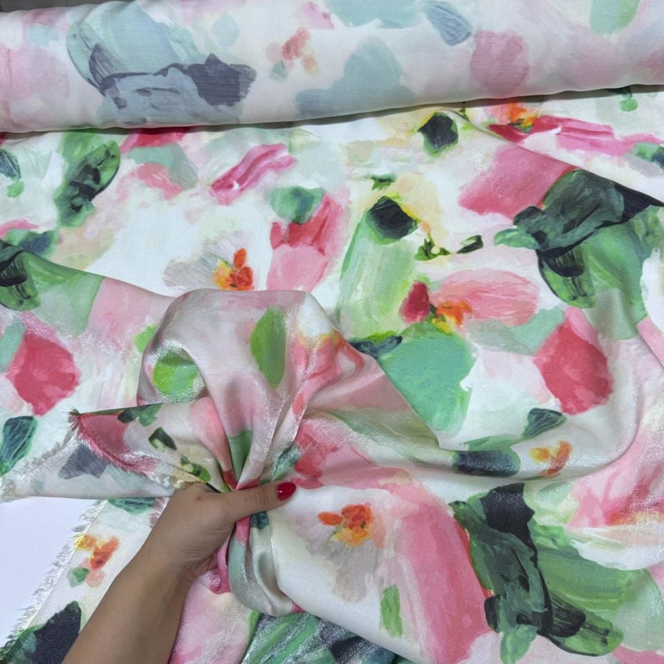 Floş Saten Kumaş Parlak Işıltılı Çift En Pembe Çiçek Desenli