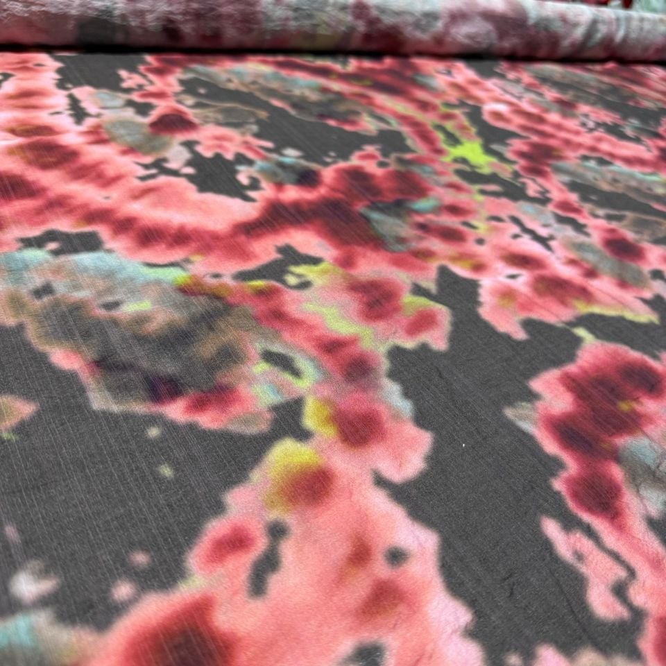 İpek Bambu Şifon Kumaş Batik Desenli Çift En Bordo Renk
