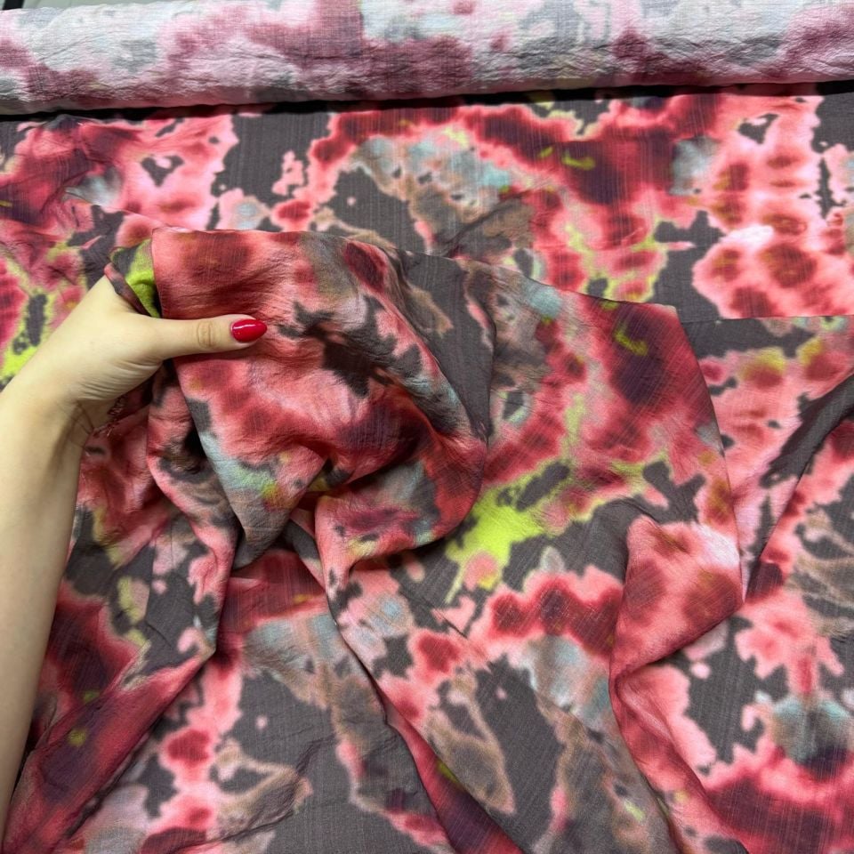 İpek Bambu Şifon Kumaş Batik Desenli Çift En Bordo Renk