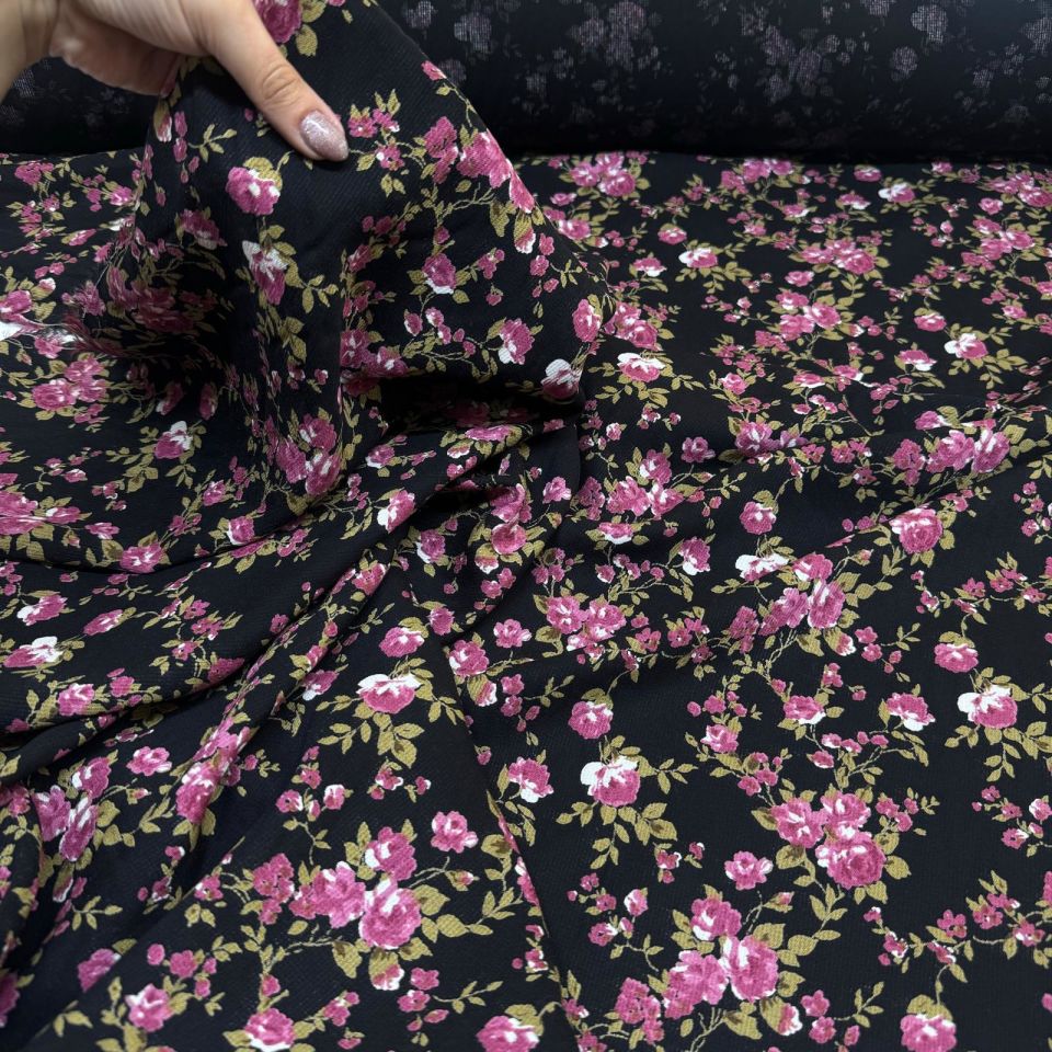 Fitilli Kord Empirme Viskon Kumaş En 180 cm Pembe Çiçek Desenli