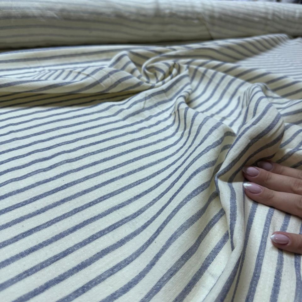 Organik Çift Kat Müslin Kumaş %100 Pamuk Enine Çizgili Mavi Ekru Renk