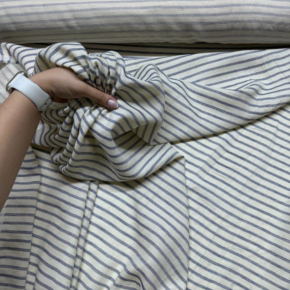 Organik Çift Kat Müslin Kumaş %100 Pamuk Enine Çizgili Mavi Ekru Renk