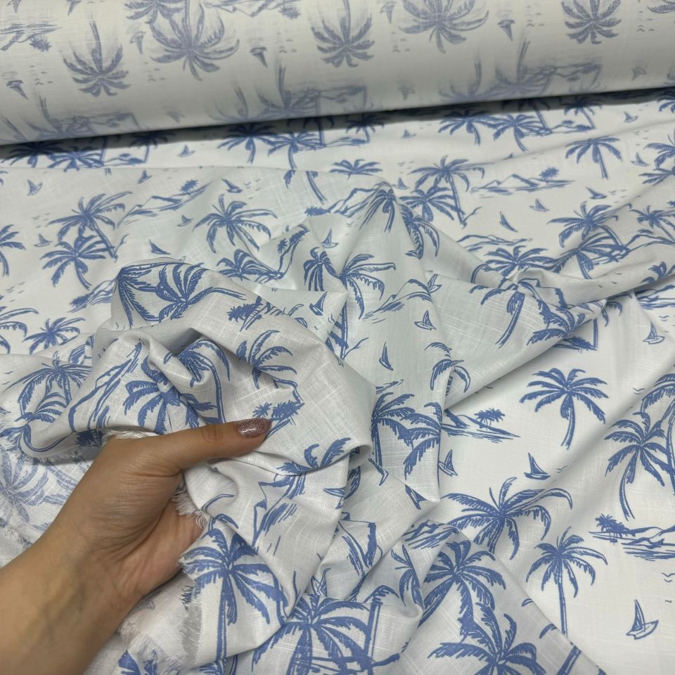 Flam Keten Kumaş %100 Pamuk Mavi Palmiye Desenli Çift En