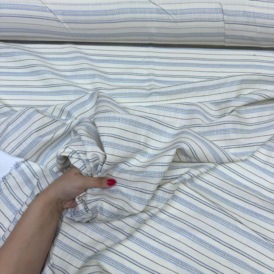 Dökümlü Keten Kumaş Çift En Enine Çizgili Mavi Renk