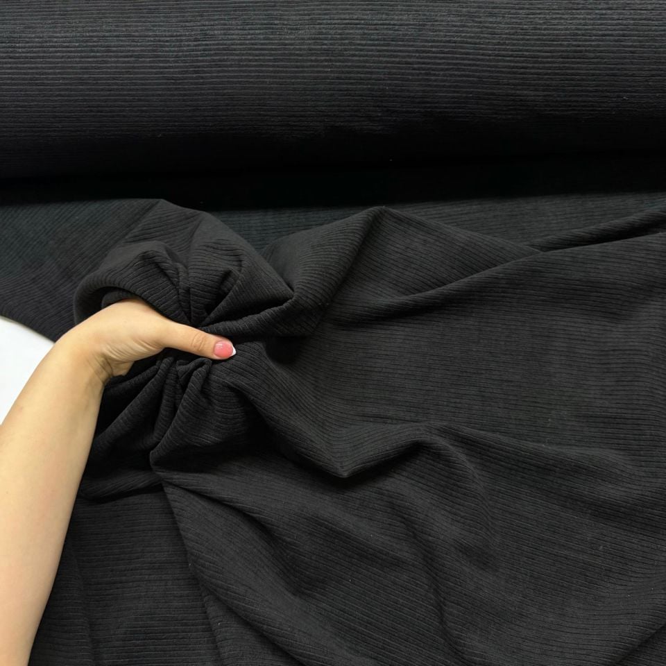 İtalyan Fitilli Kadife Kumaş Çift En Siyah